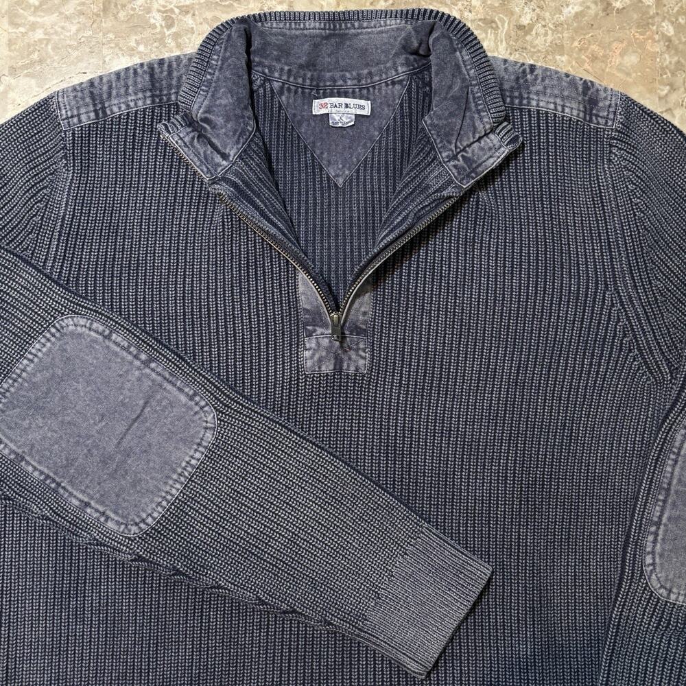 32 Bar Blues Quarter Zip Mens Large Blue Sweater Long Sleeve Elbow Patch Knit